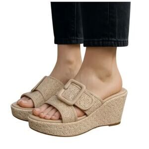 Seychelles Womens 10 Beige Slip-On Platform Faux Leather Buckle Wedge Sandals